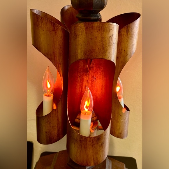 RARE Vintage 1950’s Brutalist Curved COPPER & Wood Statement Table Lamp working - Picture 1 of 11